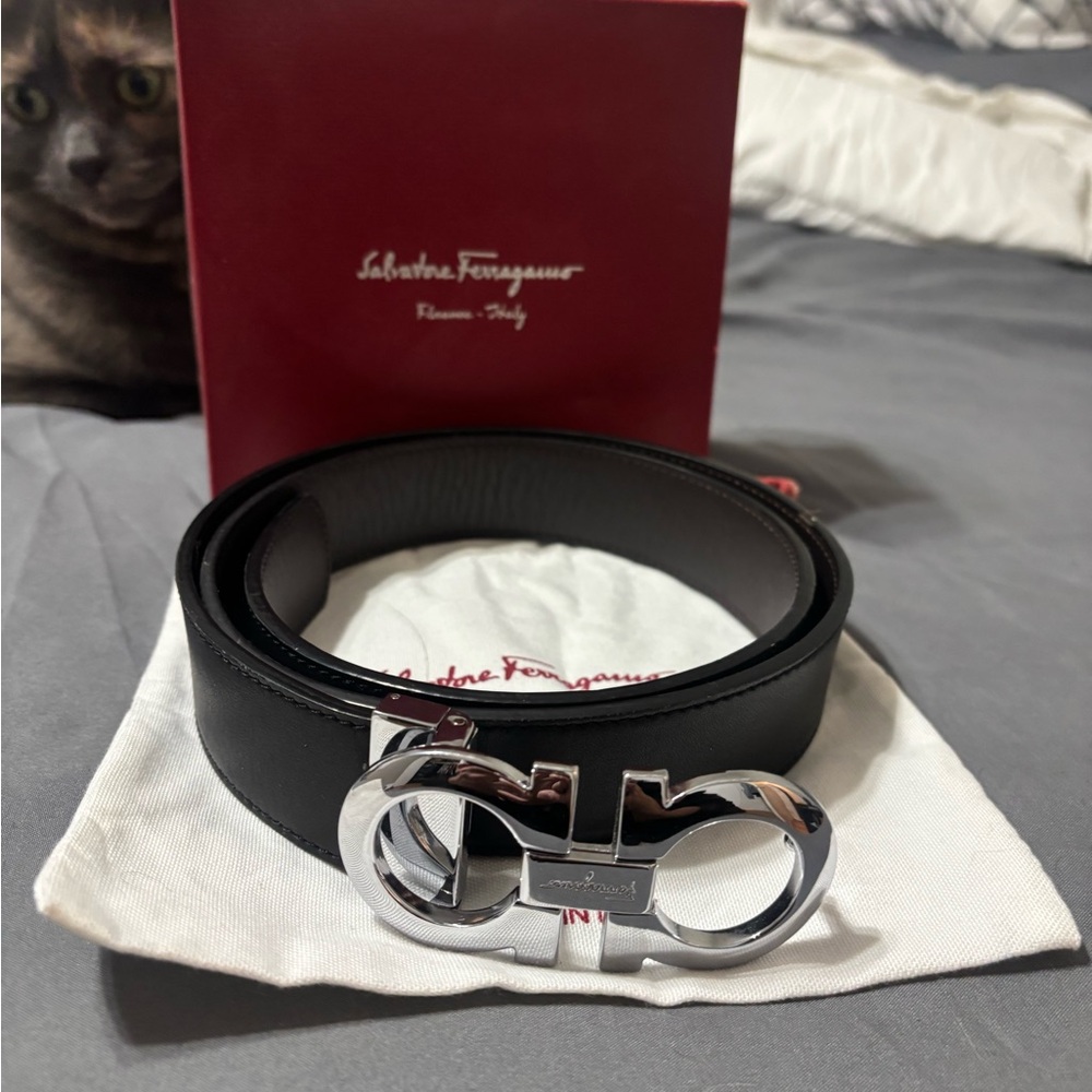 Salvatore Ferragamo Black Belt with Silver Gancini Buckle